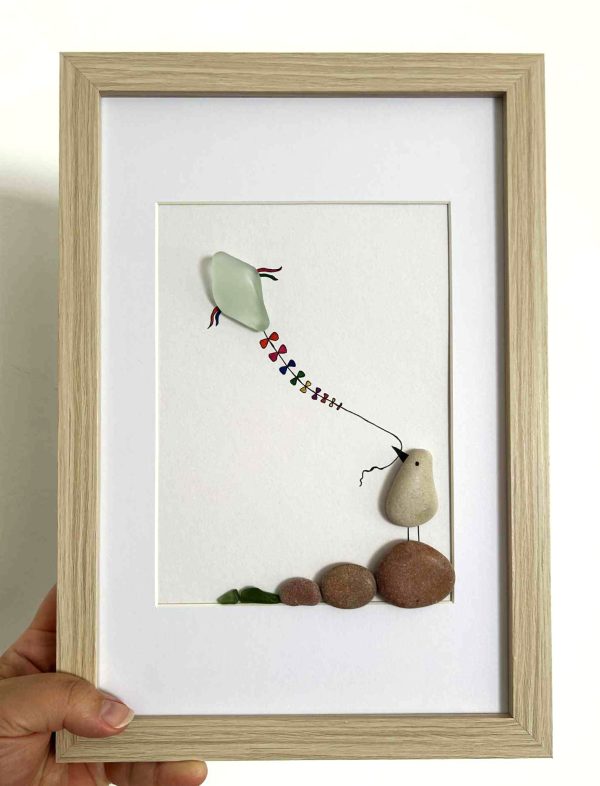Whimsical Bird Flying Kite – Coastal Seaglass and Pebble Art
