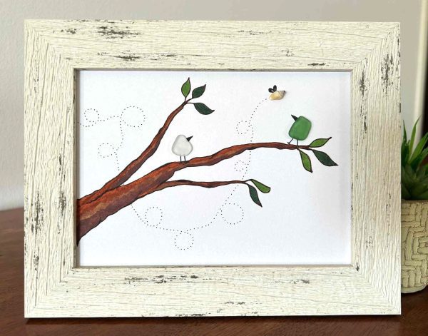 Unique Seaglass Bird Picture – Whimsical Ink Drawing with Genuine Cyprus Seaglass