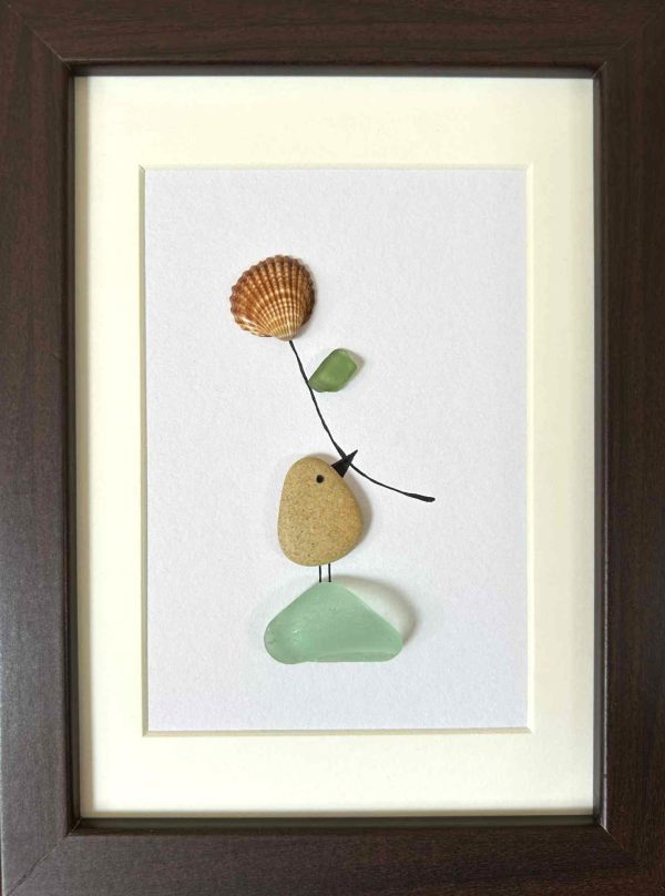 Coastal Home Décor – Original Seaglass Artwork with Pebble and Shell, With a Little Bird and Flower