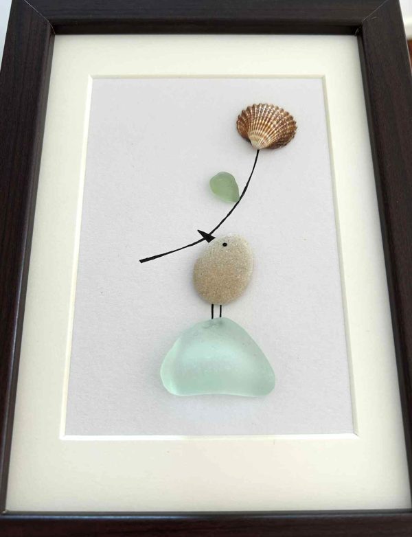 Handmade Seaglass Bird Art – Coastal Wall Décor with Seashell Flower