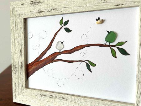 Unique Seaglass Bird Picture – Whimsical Ink Drawing with Genuine Cyprus Seaglass