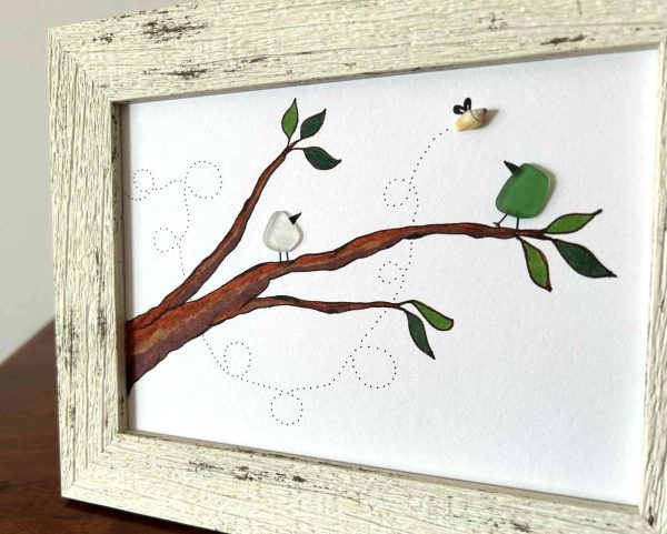 Unique Seaglass Bird Picture – Whimsical Ink Drawing with Genuine Cyprus Seaglass