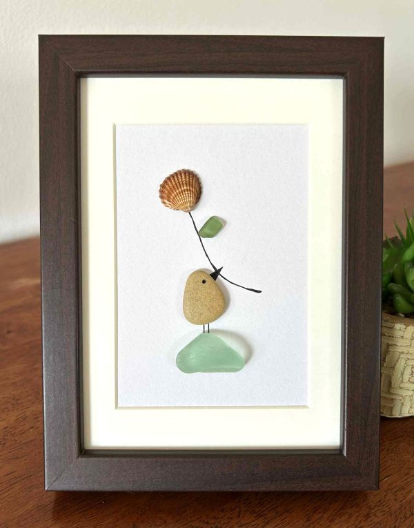 Coastal Home Décor – Original Seaglass Artwork with Pebble and Shell, With a Little Bird and Flower