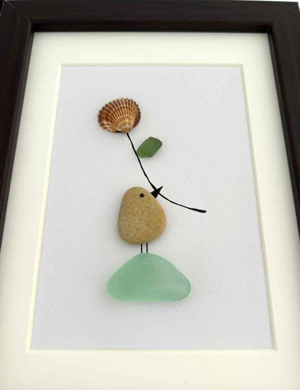 Coastal Home Décor – Original Seaglass Artwork with Pebble and Shell, With a Little Bird and Flower