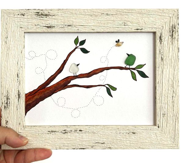 Unique Seaglass Bird Picture – Whimsical Ink Drawing with Genuine Cyprus Seaglass