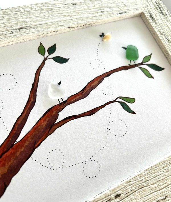 Unique Seaglass Bird Picture – Whimsical Ink Drawing with Genuine Cyprus Seaglass
