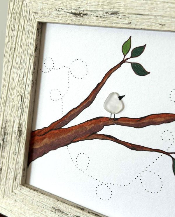 Unique Seaglass Bird Picture – Whimsical Ink Drawing with Genuine Cyprus Seaglass
