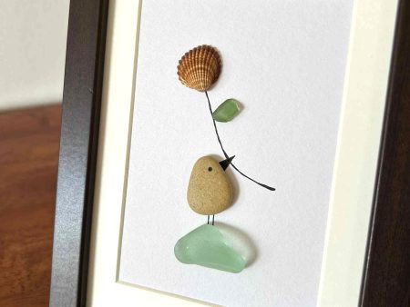 Coastal Home Décor – Original Seaglass Artwork with Pebble and Shell, With a Little Bird and Flower