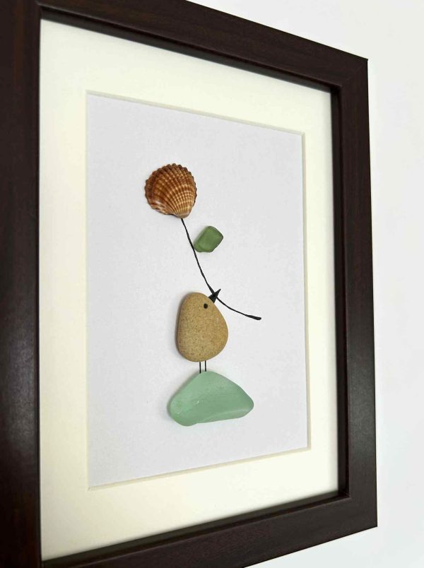 Coastal Home Décor – Original Seaglass Artwork with Pebble and Shell, With a Little Bird and Flower