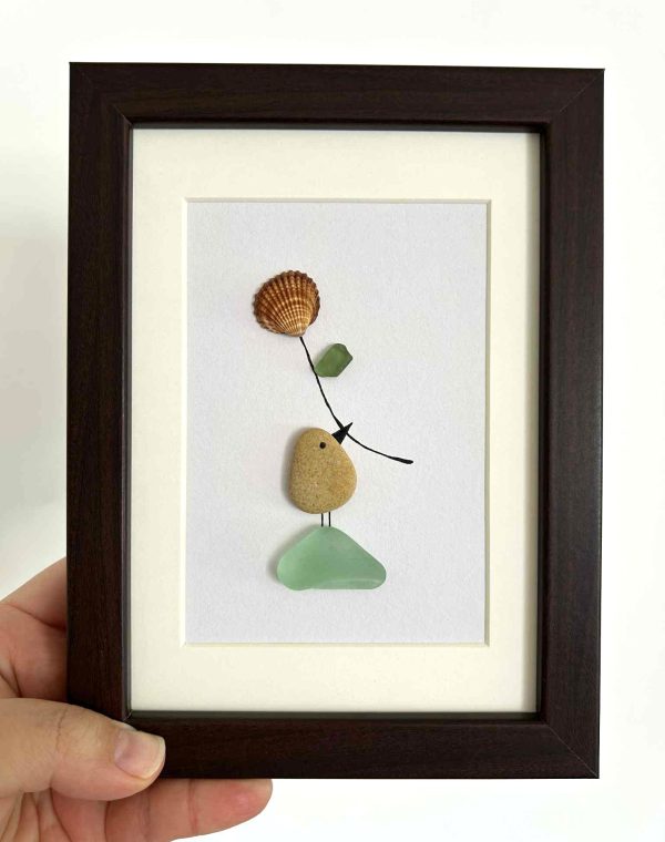 Coastal Home Décor – Original Seaglass Artwork with Pebble and Shell, With a Little Bird and Flower
