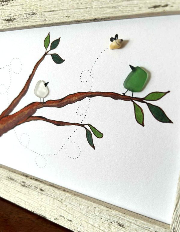 Unique Seaglass Bird Picture – Whimsical Ink Drawing with Genuine Cyprus Seaglass