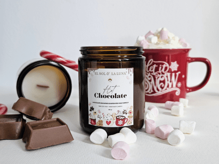 hot chocolate candle, amber jar and chocolate