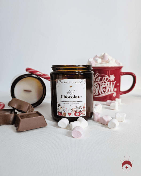 hot chocolate candle, amber jar and chocolate