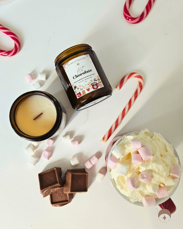 hot chocolate candle, candy canes, chocolate