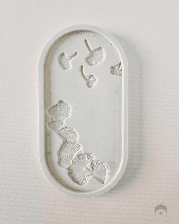 jesmonite oval tray, embroidered ginkgo leaf