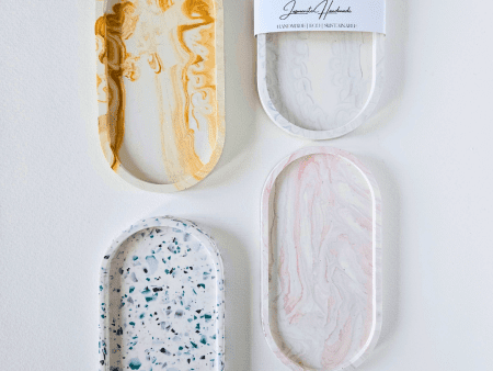jesmonite oval marble trays, gold ,black and white, pink, green terazzo