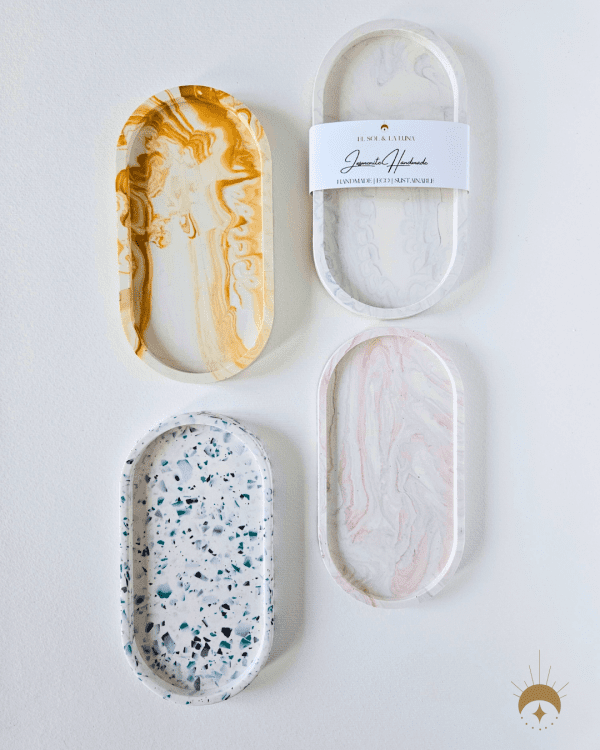 jesmonite oval marble trays, gold ,black and white, pink, green terazzo