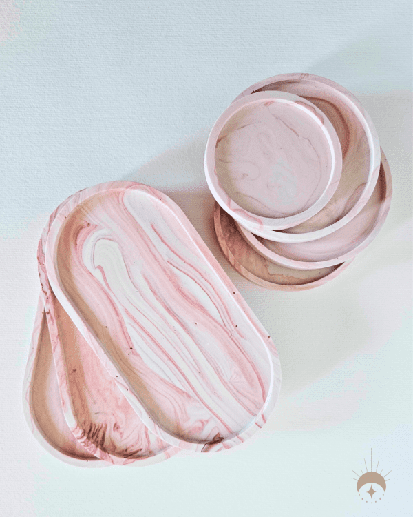 jesmonite oval trays, pink mardle . jesmonite coasters