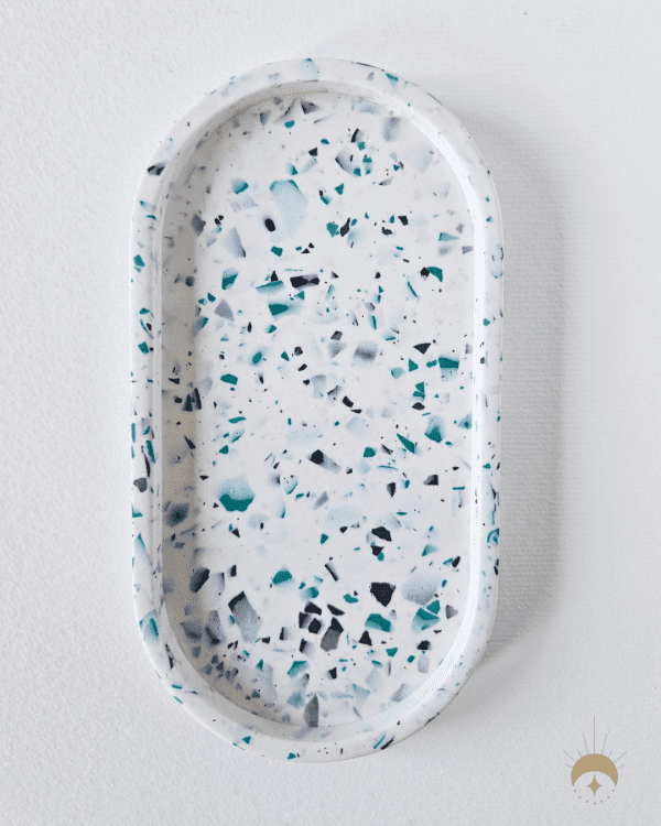jesmonite oval tray, green white terrazzo