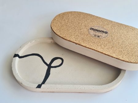 Handcrafted Oval Concrete Tray: Abstract Black Line Design