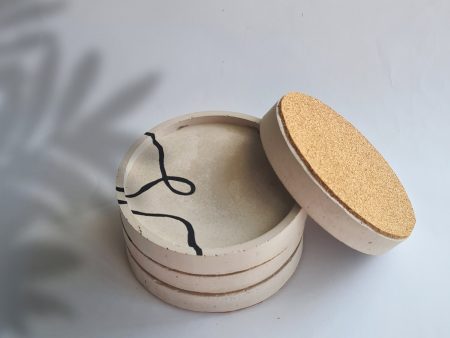 Round Concrete Coaster Set: Sand Color with Black Line Art made by minimo craft house