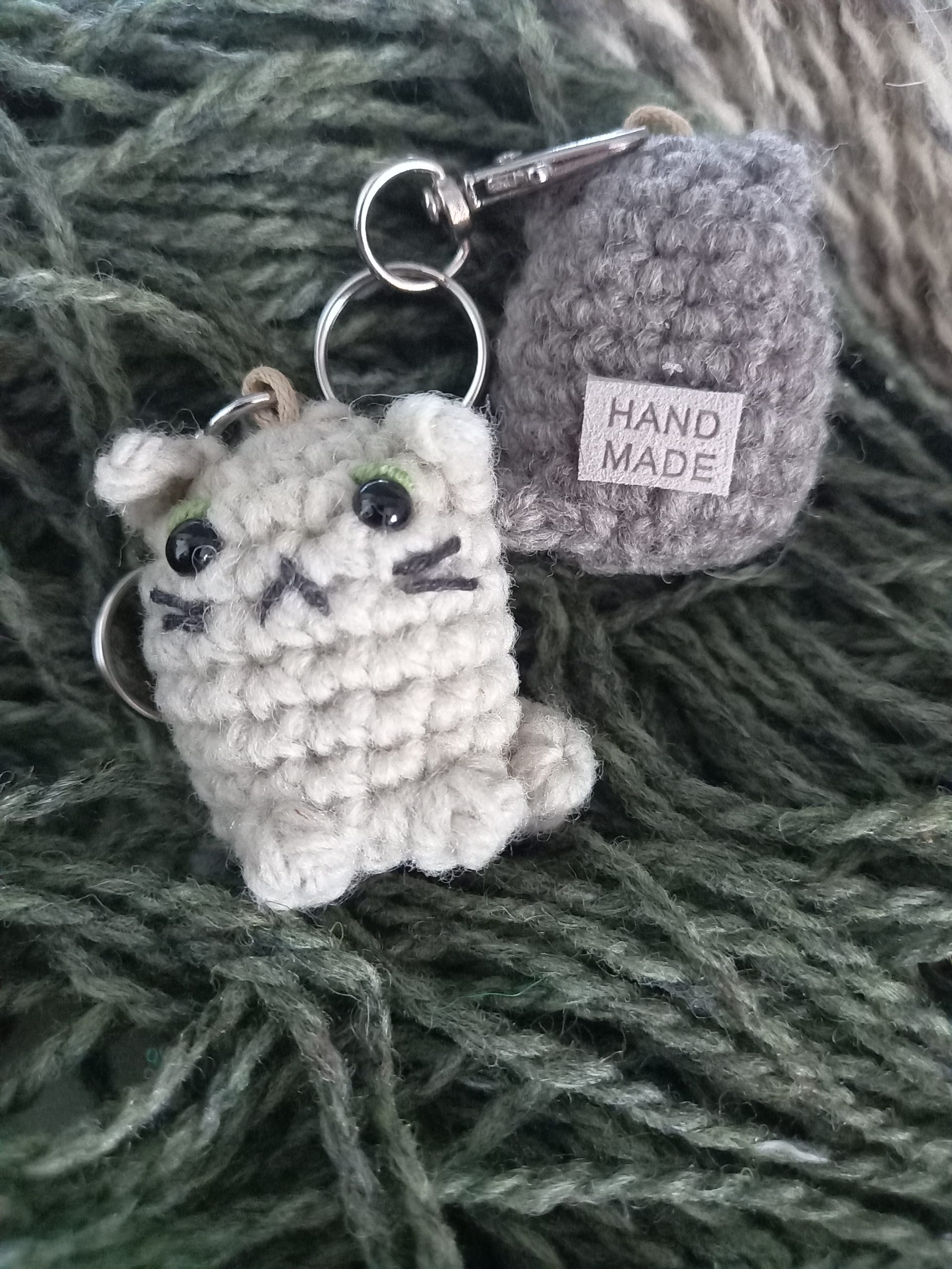Handmade Crochet Amigurumi Cat Keychain - Bag Charm, Keyring, Grey & Light Grey - Image 3