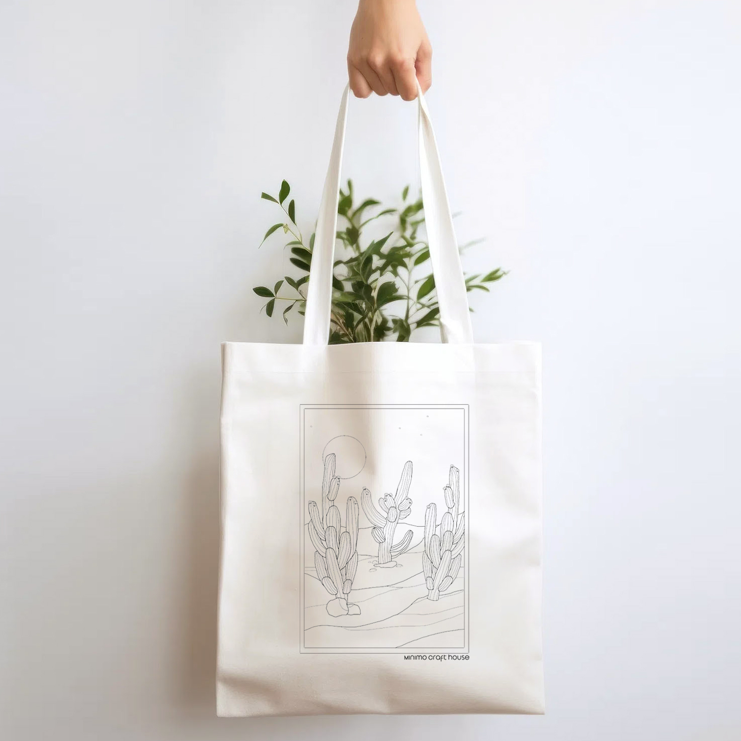 white tote bag resuable with black line boho design