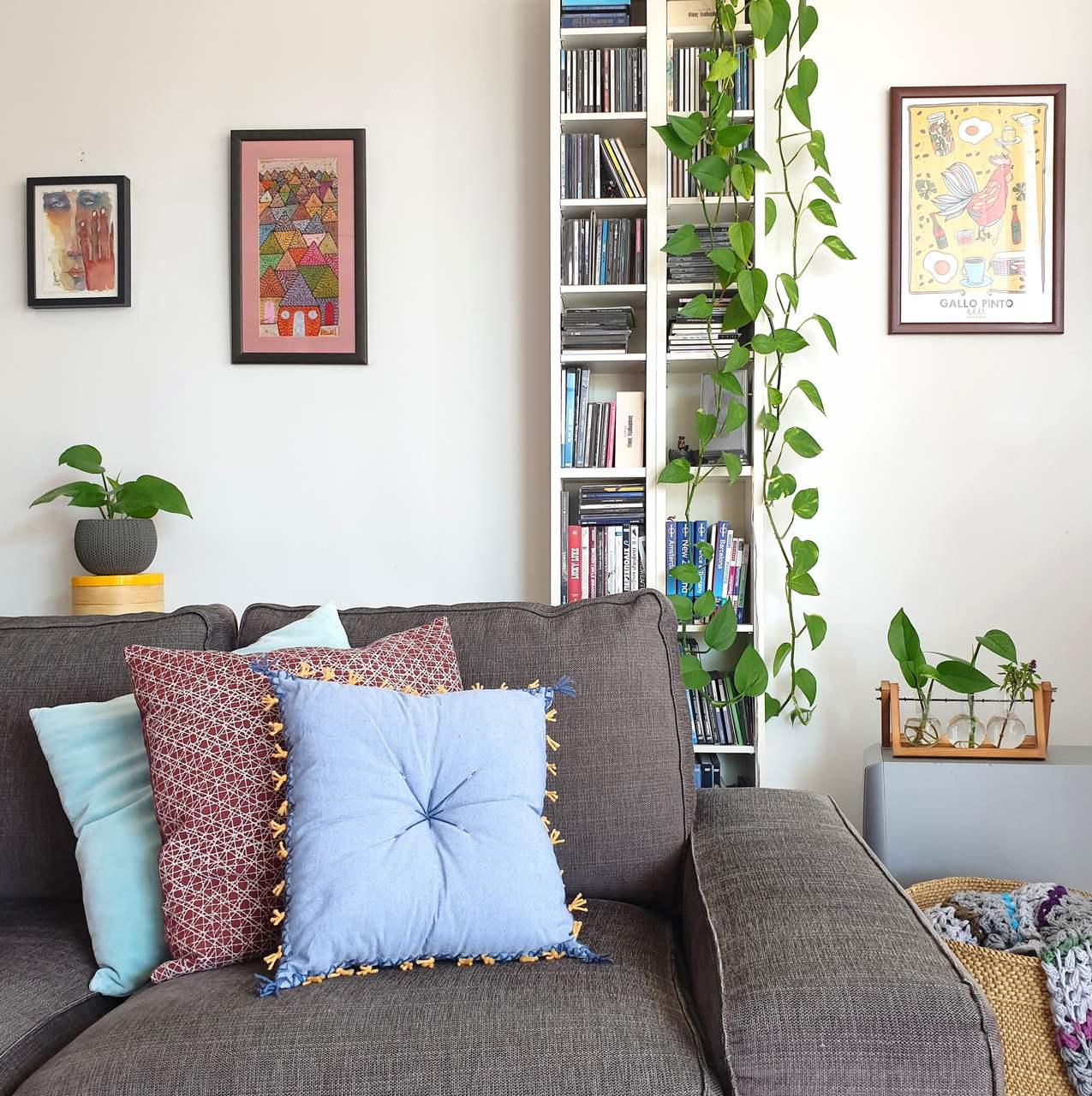 "Spiky consolation" blue & yellow comfort cushion - in use living room