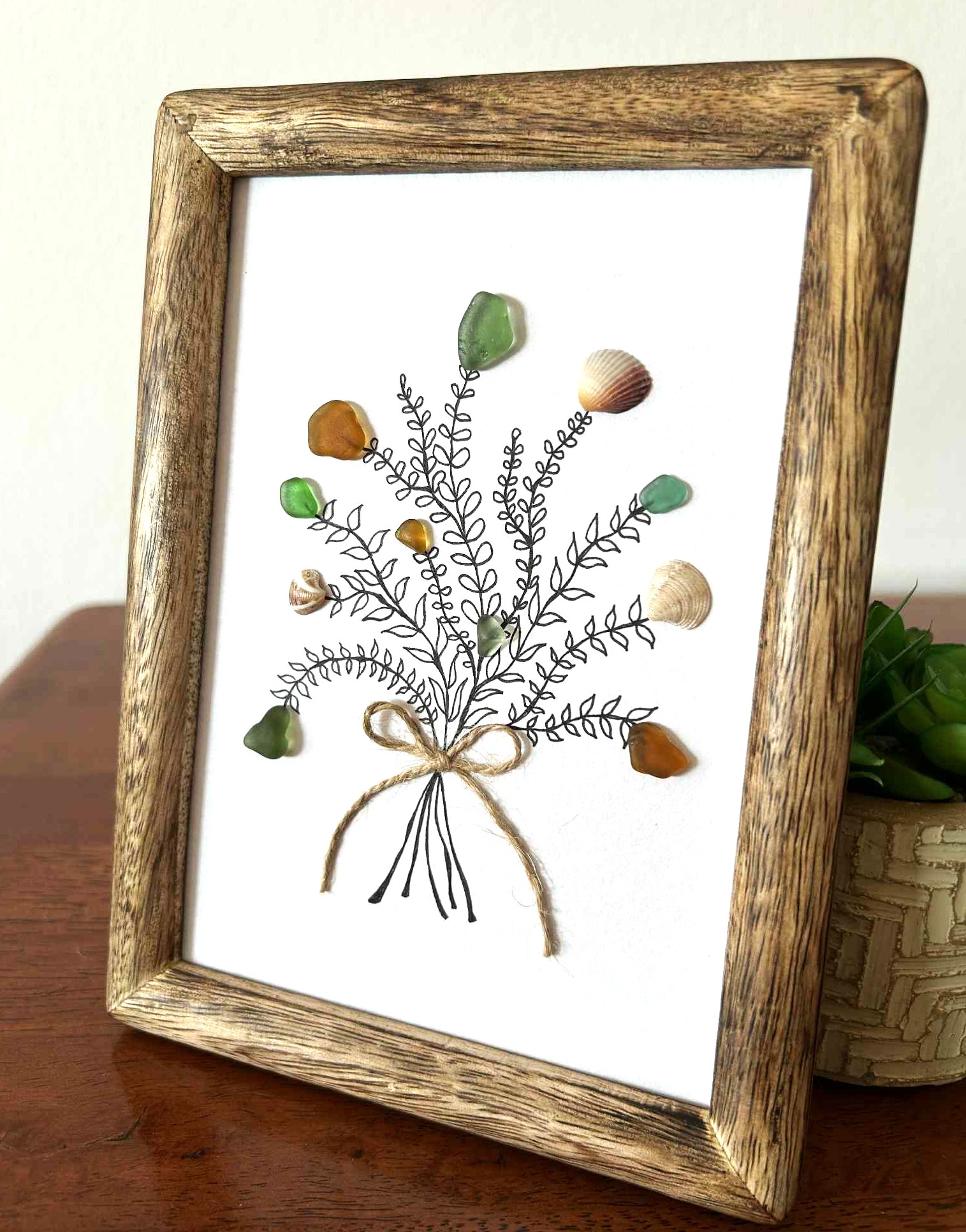 Handmade Cyprus Sea Seaglass Art – Natural Beach Glass & Shells in Wooden Frame