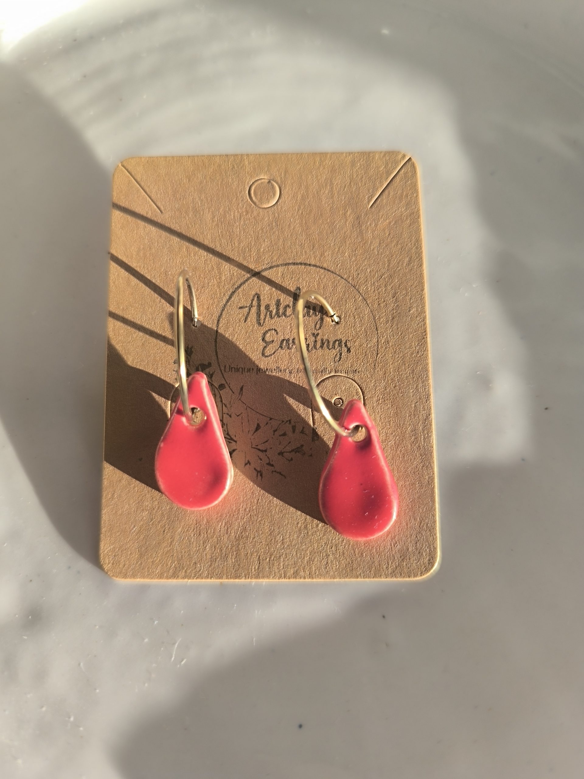 Handmade Red Teardrop Ceramic Earrings – Gold Hook | ArtClay Earrings