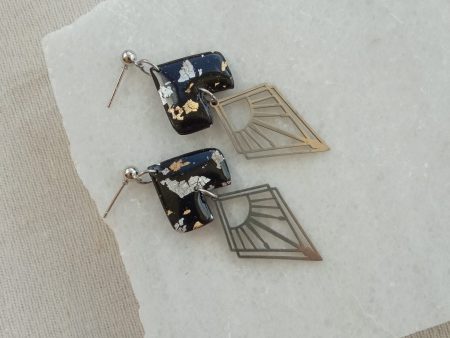 Black and silver rhombus heart earrings