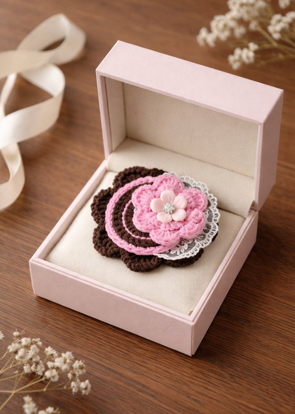 Unique Crochet Brooch - "With the Scent of Coffee and Cherry Blossom". ONE OF KIND - Image 2