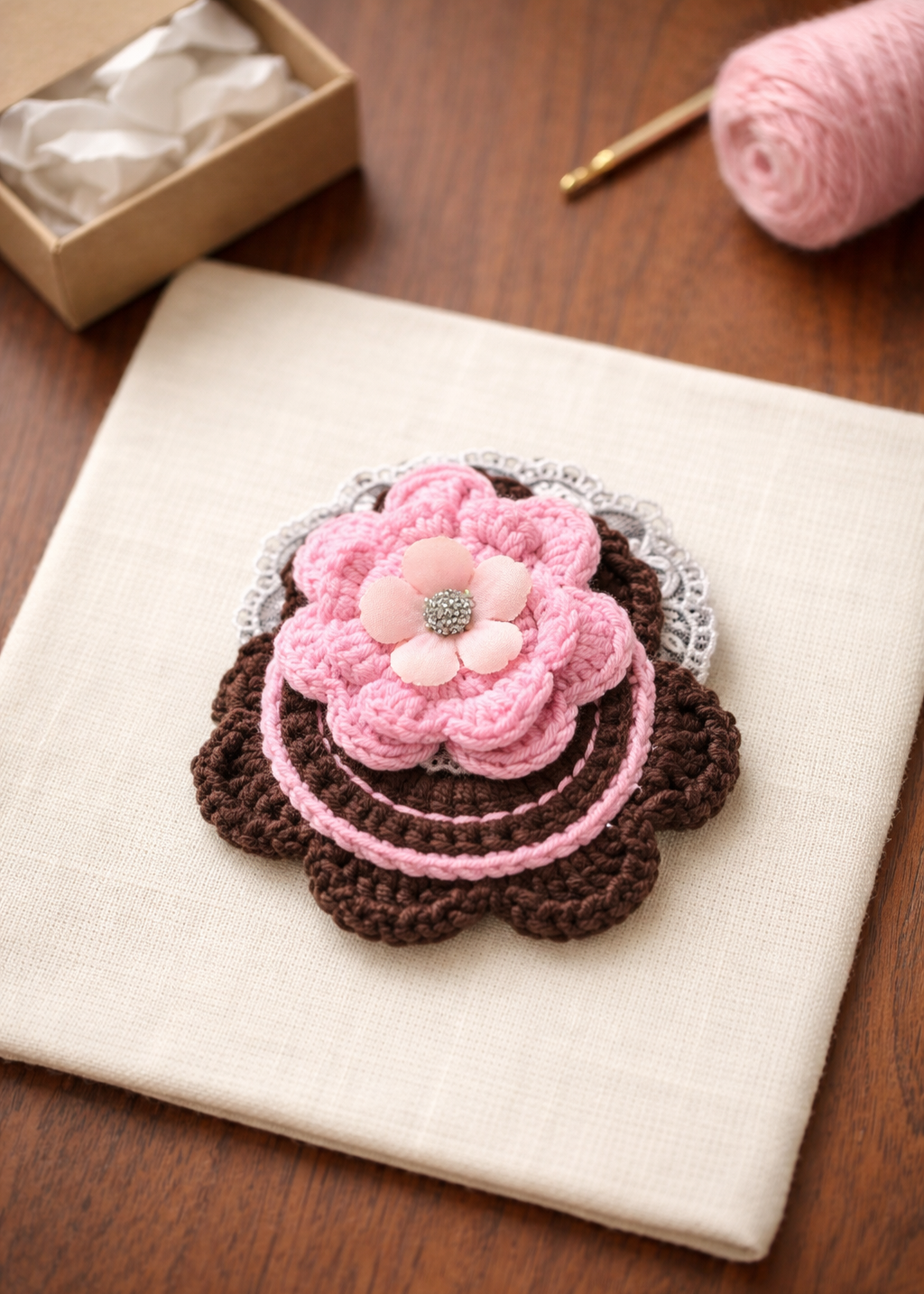 Unique Crochet Brooch - "With the Scent of Coffee and Cherry Blossom". ONE OF KIND - Image 3