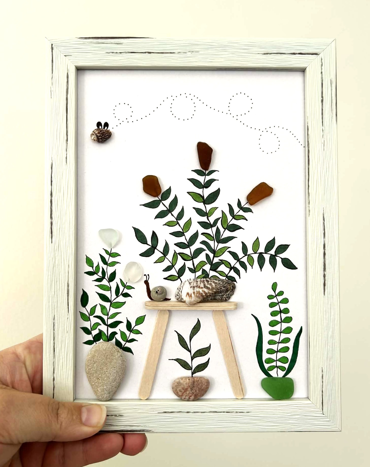 Seaglass Art from Cyprus Beaches – Framed Coastal Botanical Wall Décor with Pebble Art