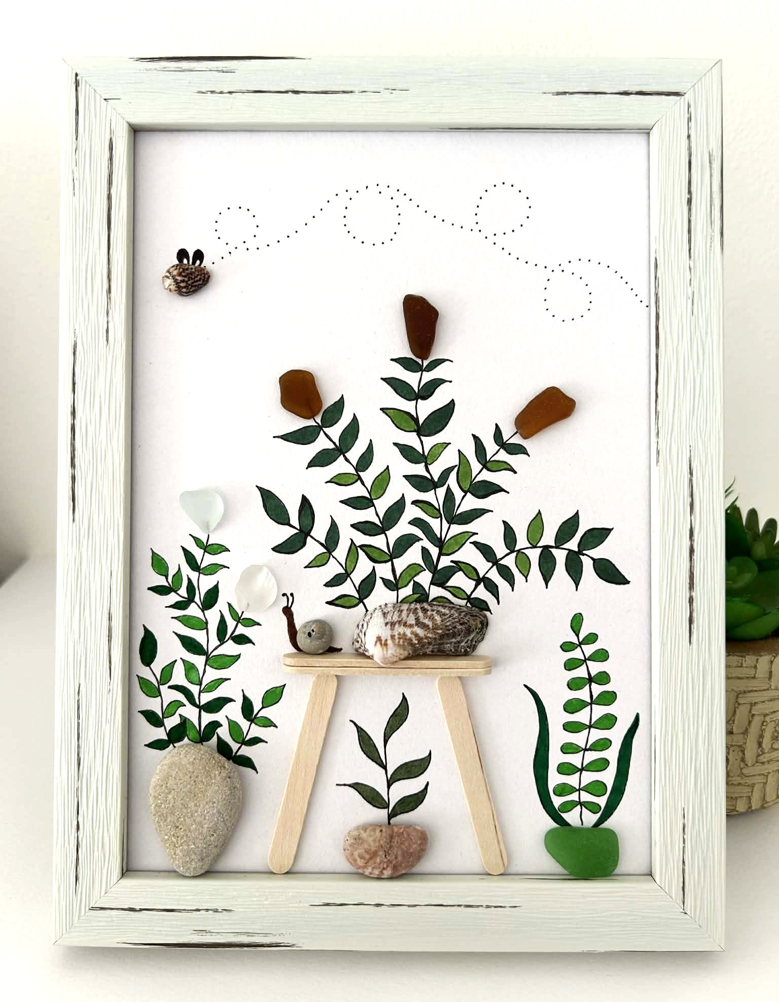 Seaglass Art from Cyprus Beaches – Framed Coastal Botanical Wall Décor with Pebble Art