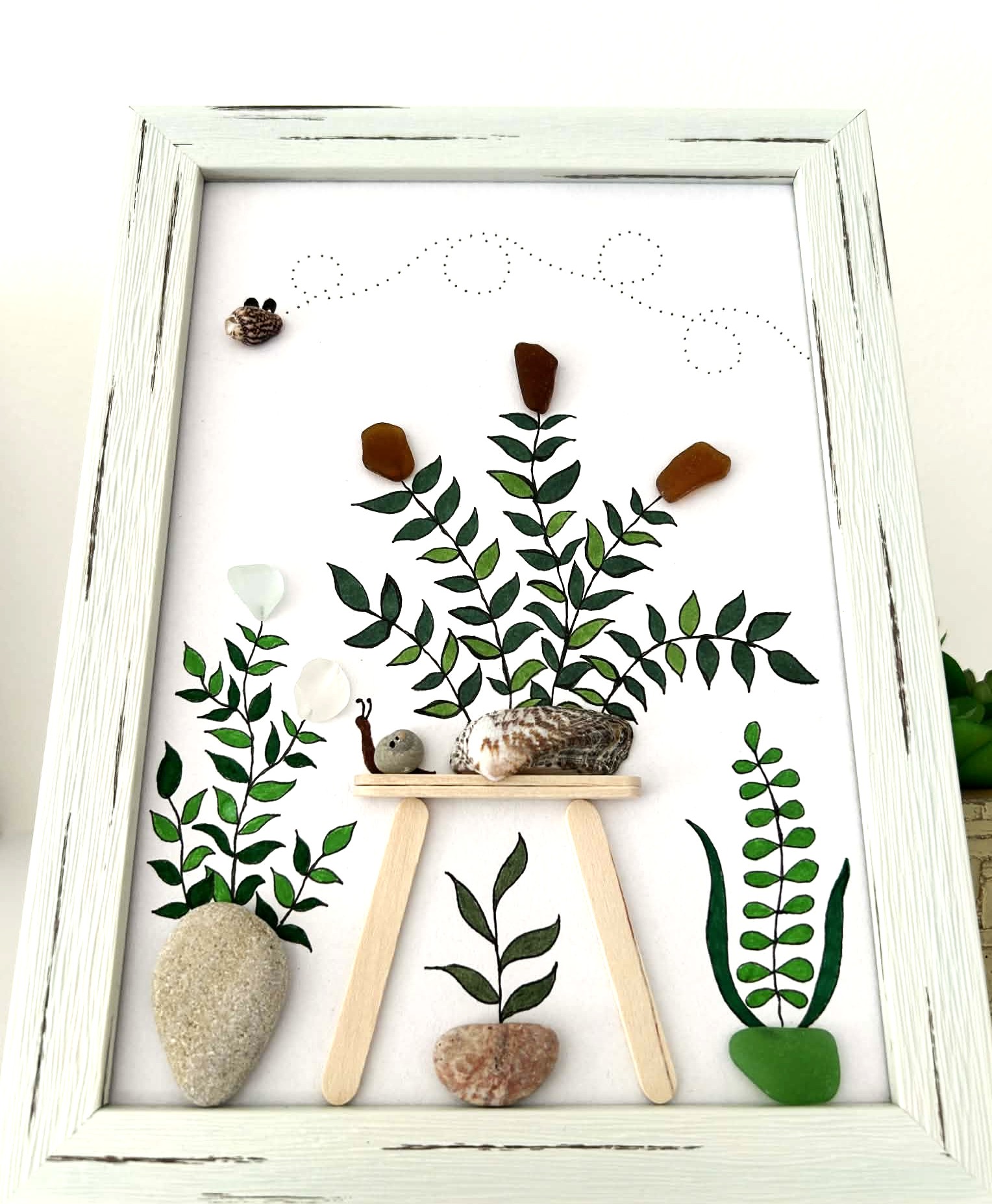Seaglass Art from Cyprus Beaches – Framed Coastal Botanical Wall Décor with Pebble Art