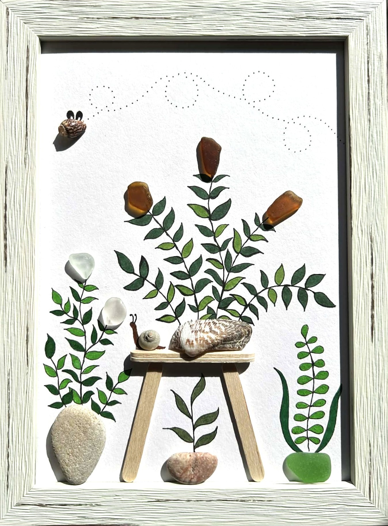 Seaglass Art from Cyprus Beaches – Framed Coastal Botanical Wall Décor with Pebble Art