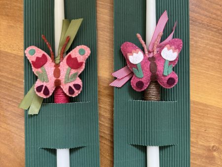 Easter candles with handmade felt butterfly magnets