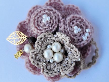 Unique Crochet Brooch - "Powder & Pearls". ONE OF KIND.