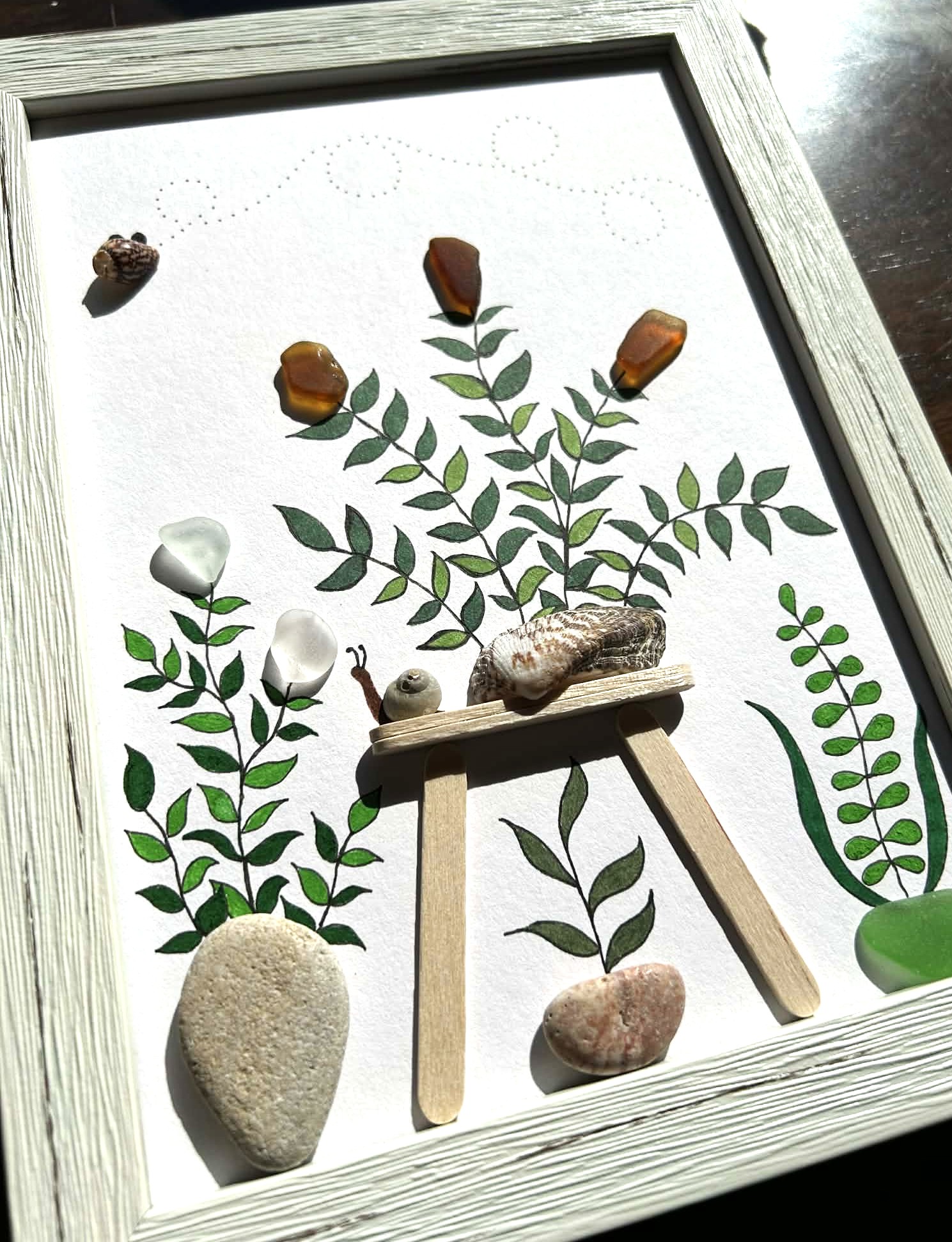 Seaglass Art from Cyprus Beaches – Framed Coastal Botanical Wall Décor with Pebble Art