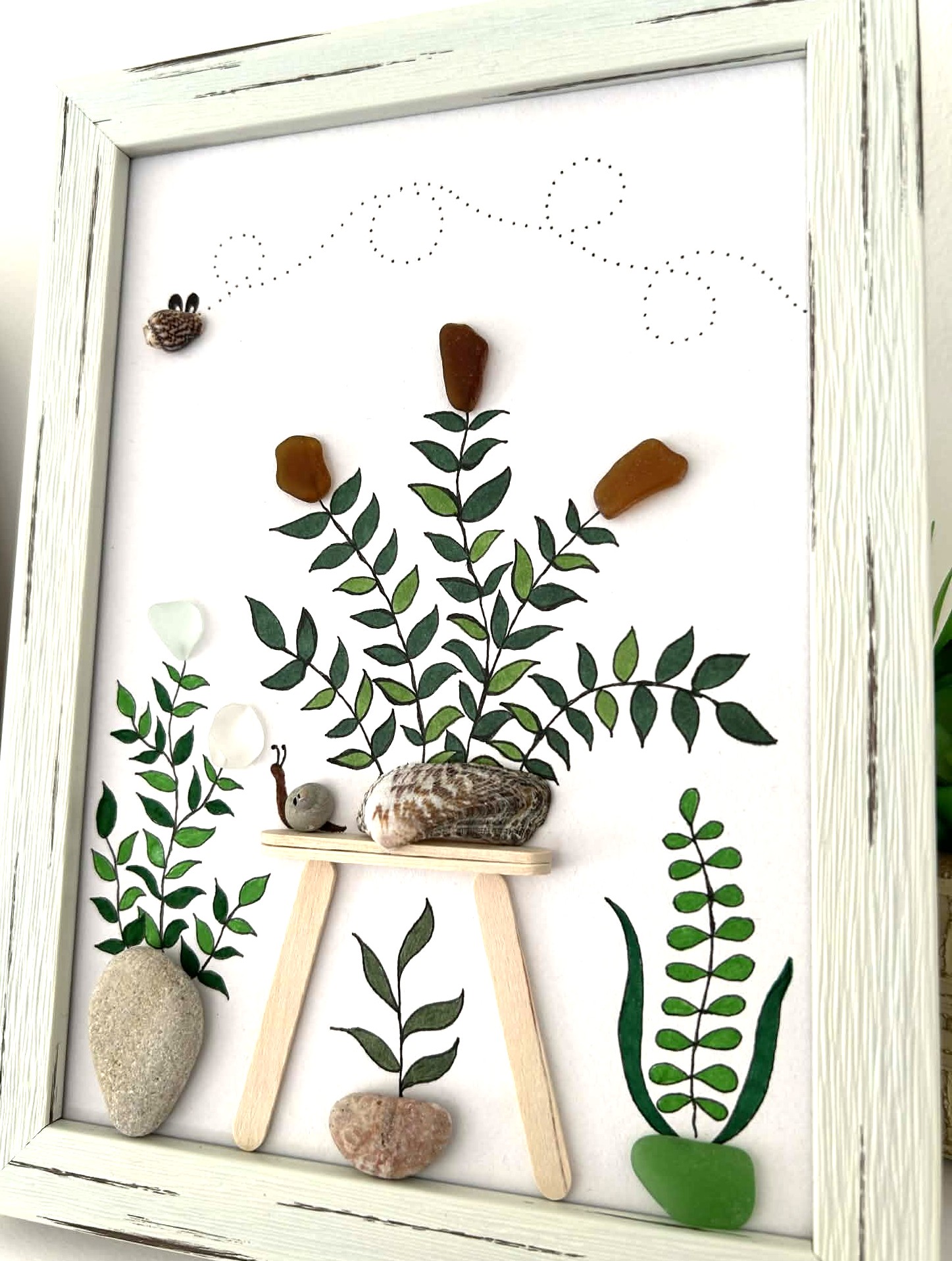 Seaglass Art from Cyprus Beaches – Framed Coastal Botanical Wall Décor with Pebble Art