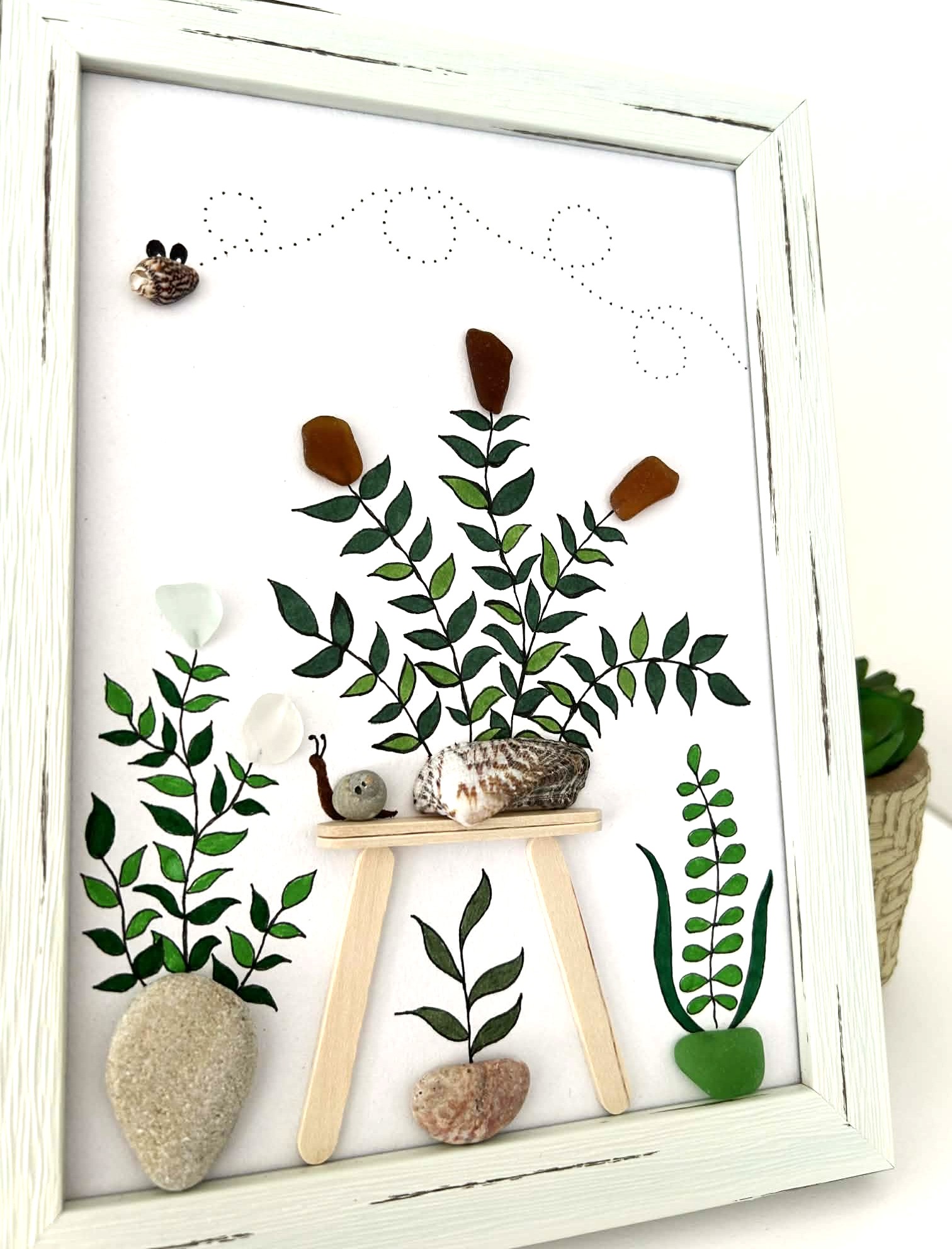 Seaglass Art from Cyprus Beaches – Framed Coastal Botanical Wall Décor with Pebble Art