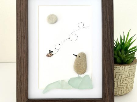 Seaglass Bird Art | Cute Seashell Bug & Bird Pebble Picture | Framed Gift