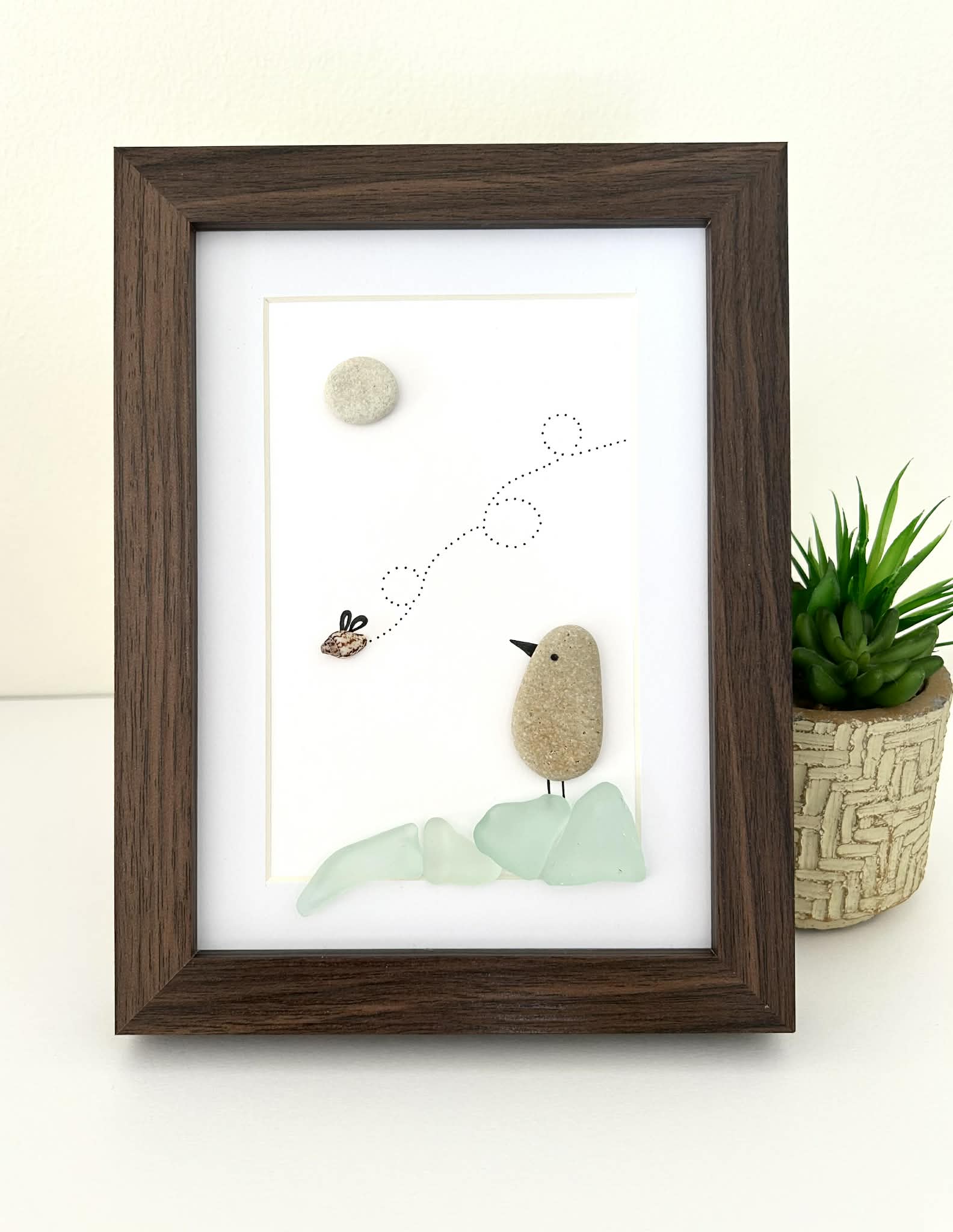Seaglass Bird Art | Cute Seashell Bug & Bird Pebble Picture | Framed Gift