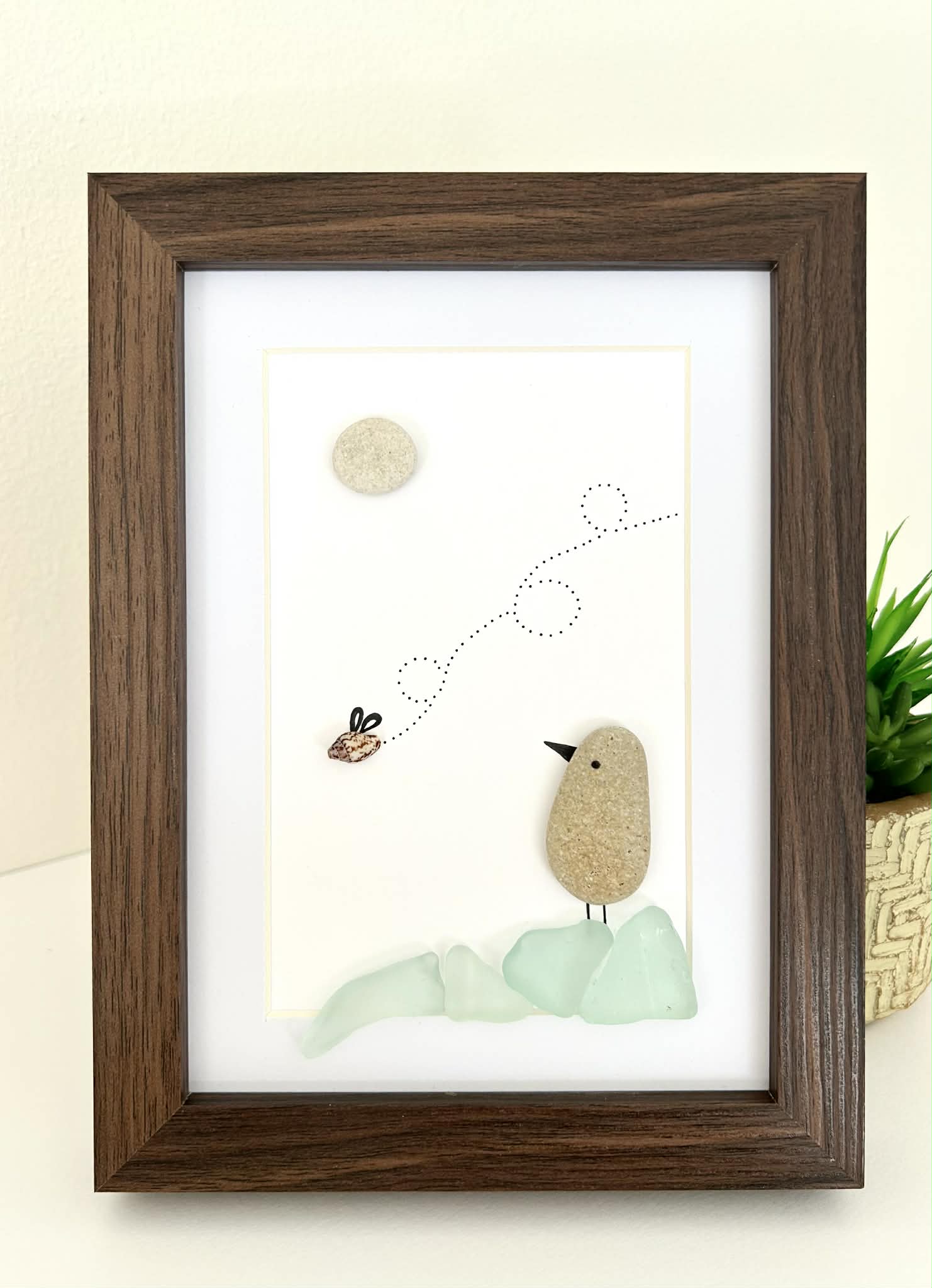 Seaglass Bird Art | Cute Seashell Bug & Bird Pebble Picture | Framed Gift