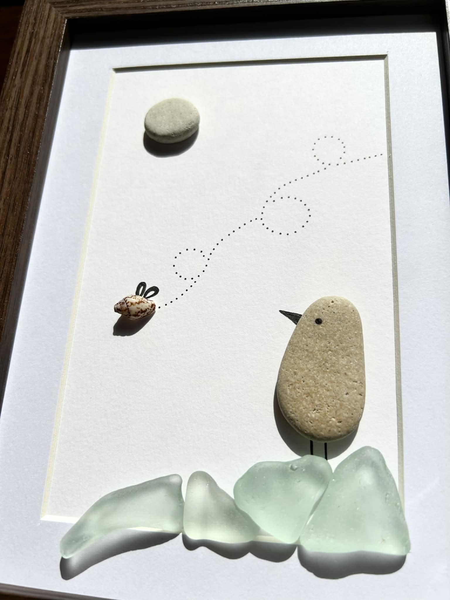 Seaglass Bird Art | Cute Seashell Bug & Bird Pebble Picture | Framed Gift