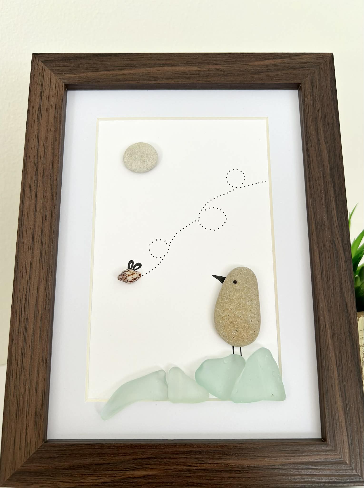 Seaglass Bird Art | Cute Seashell Bug & Bird Pebble Picture | Framed Gift
