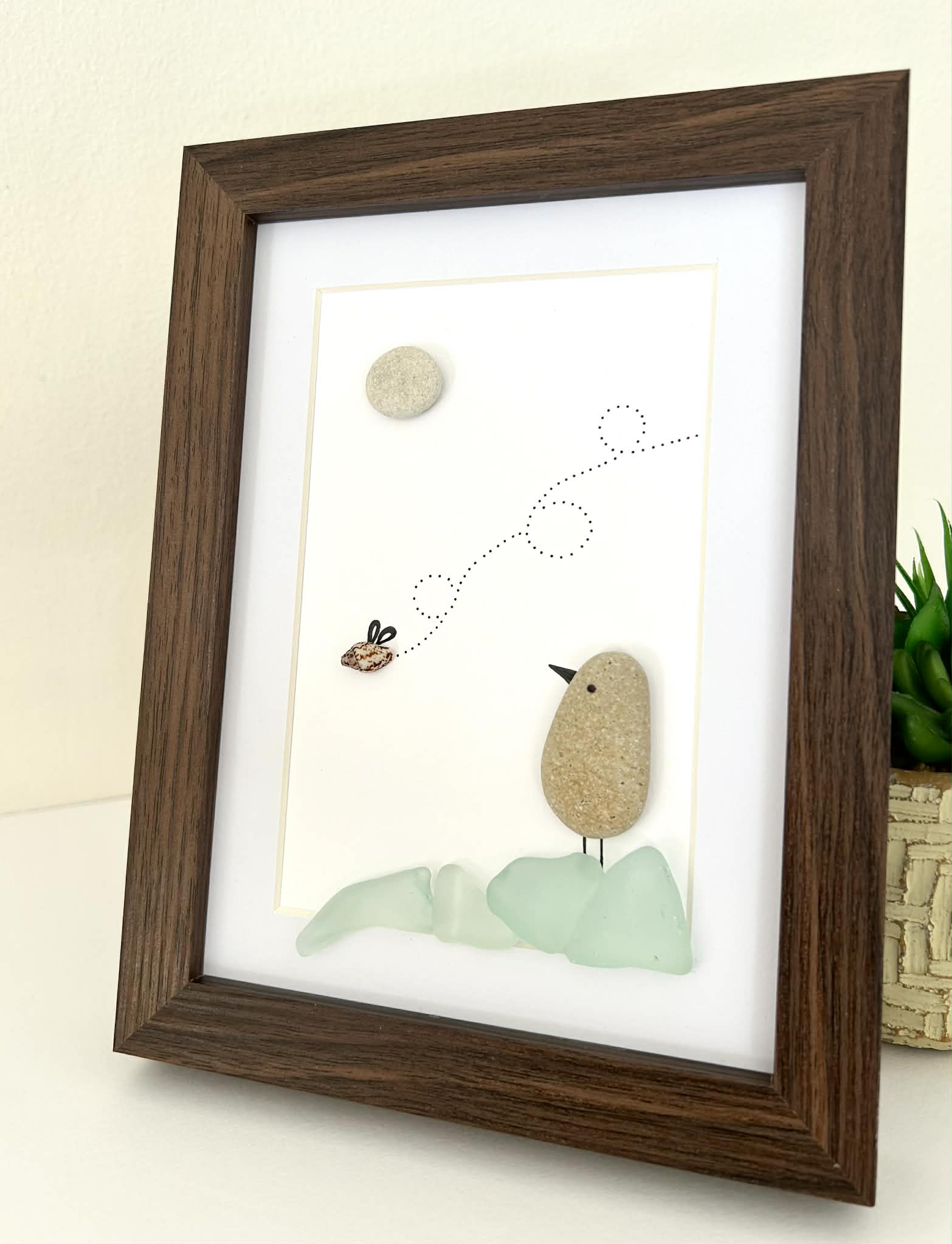 Seaglass Bird Art | Cute Seashell Bug & Bird Pebble Picture | Framed Gift