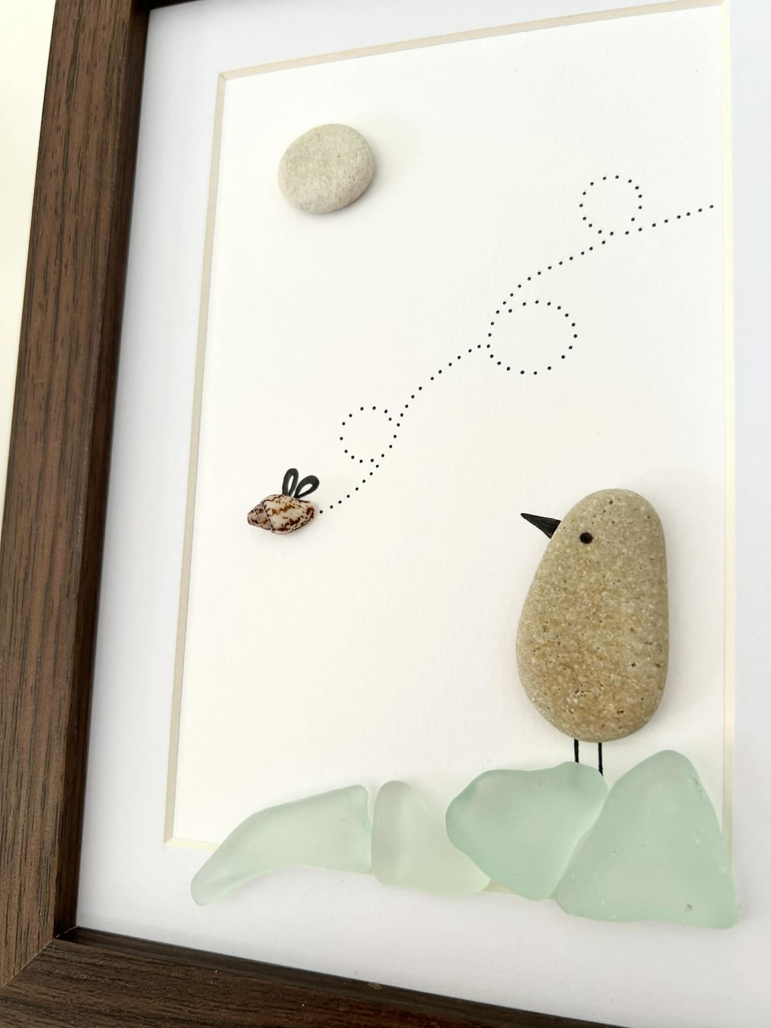 Seaglass Bird Art | Cute Seashell Bug & Bird Pebble Picture | Framed Gift
