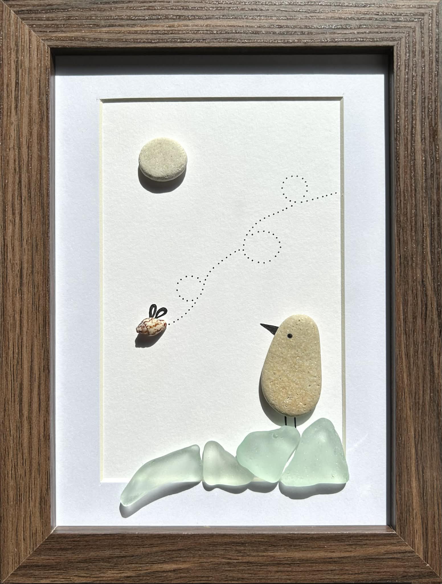 Seaglass Bird Art | Cute Seashell Bug & Bird Pebble Picture | Framed Gift